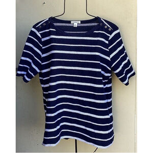 Croft & Barrow Braided Stripes Knit Top Navy & White Womens Sz PL Button Accent